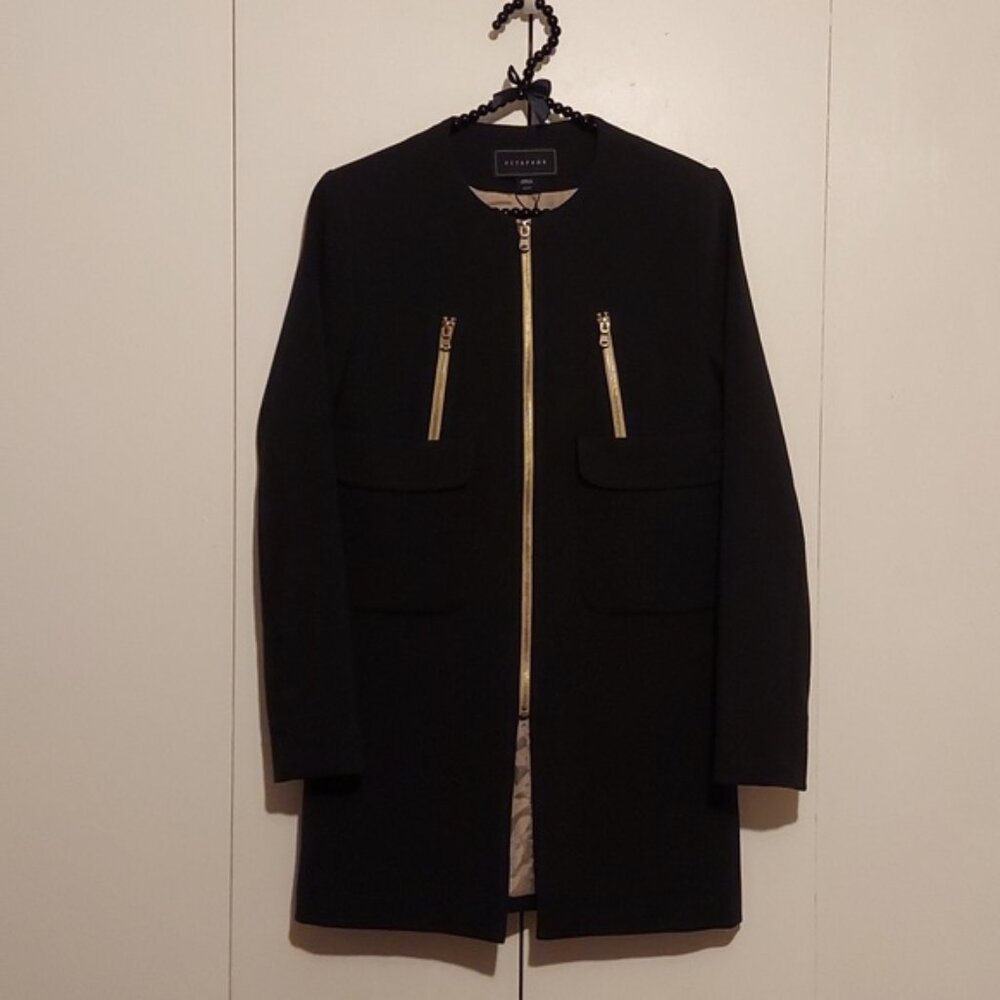 Metaphor Black Long Blazer Jacket Coat with Goldtone Zippers Size Extra Small